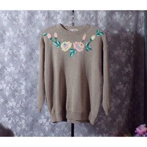 Vintage 90s Floral Sweater Size Large 1990s Retro Boho Hippie Pastel Artsy Cute